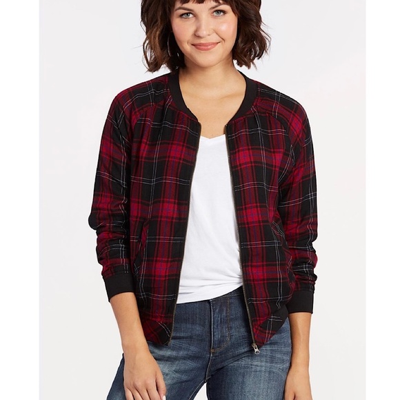 🎉Peyton Jensen Plaid Bomber Jacket, Size M,Red/Black/Royal Blue - Picture 7 of 9